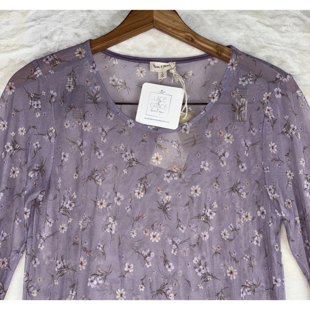 Anthropology Hem & Thread Sz L Ditsy Print Mesh Cabbage Long Sleeve Top Lavender - Picture 4 of 15